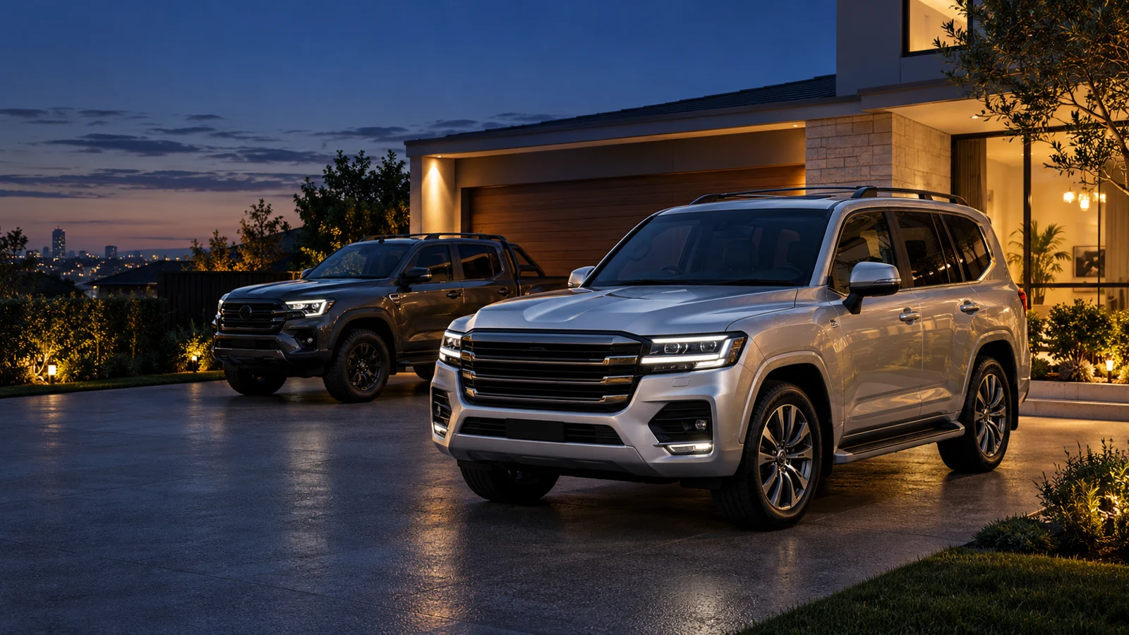 SUV and ute parked at a Melbourne home at dusk